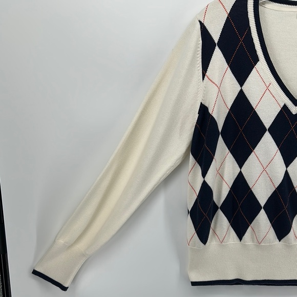 Tommy Hilfiger Cream,Navy&Orange Diamond V-Neck Sweater Sz XL - Picture 3 of 9